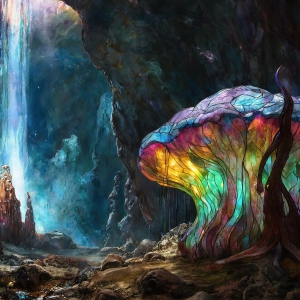 A vibrant and detailed fantasy photograph of an alien planet. Where every element appears meticulously crafted from iridescent stained glass. From a cave system, dominated by towering crystals, giant bioluminescent mushrooms, in all shapes and sizes, that glow in vibrant iridescent colors. A stream of iridescent blue water, flows down the center of the cave from a waterfall, off in the distance. The alien flora, vibrantly colored, attracting alien insects, like nothing you've ever seen. Glow worms hang down from the ceiling, emitting the entire spectrum of the rainbow in colors, they seem to dance and blend as if they are connected. Outside the cave system, the sky shimmers with a breathtaking aurora borealis that fills the sky, creating a cosmic spectacle of galaxies, nebulae, and radiant starlight, in this nighttime landscape.
