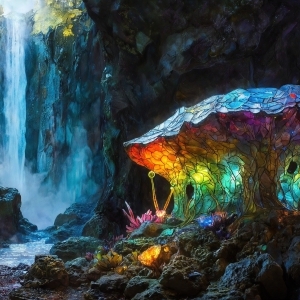 A vibrant and detailed fantasy photograph of an alien planet. Where every element appears meticulously crafted from iridescent stained glass. From a cave system, dominated by towering crystals, giant bioluminescent mushrooms, in all shapes and sizes, that glow in vibrant iridescent colors. A stream of iridescent blue water, flows down the center of the cave from a waterfall, off in the distance. The alien flora, vibrantly colored, attracting alien insects, like nothing you've ever seen. Glow worms hang down from the ceiling, emitting the entire spectrum of the rainbow in colors, they seem to dance and blend as if they are connected. Outside the cave system, the sky shimmers with a breathtaking aurora borealis that fills the sky, creating a cosmic spectacle of galaxies, nebulae, and radiant starlight, in this nighttime landscape.