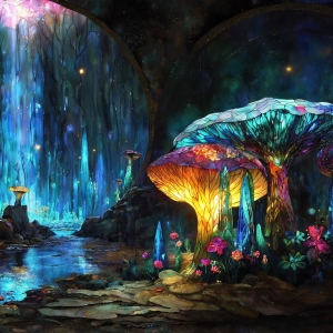 A vibrant and detailed fantasy photograph of an alien planet. Where every element appears meticulously crafted from iridescent stained glass. From a cave system, dominated by towering crystals, giant bioluminescent mushrooms, in all shapes and sizes, that glow in vibrant iridescent colors. A stream of iridescent blue water, flows down the center of the cave from a waterfall, off in the distance. The alien flora, vibrantly colored, attracting alien insects, like nothing you've ever seen. Glow worms hang down from the ceiling, emitting the entire spectrum of the rainbow in colors, they seem to dance and blend as if they are connected. Outside the cave system, the sky shimmers with a breathtaking aurora borealis that fills the sky, creating a cosmic spectacle of galaxies, nebulae, and radiant starlight, in this nighttime landscape.