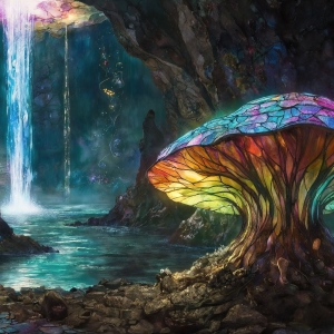 A vibrant and detailed fantasy photograph of an alien planet. Where every element appears meticulously crafted from iridescent stained glass. From a cave system, dominated by towering crystals, giant bioluminescent mushrooms, in all shapes and sizes, that glow in vibrant iridescent colors. A stream of iridescent blue water, flows down the center of the cave from a waterfall, off in the distance. The alien flora, vibrantly colored, attracting alien insects, like nothing you've ever seen. Glow worms hang down from the ceiling, emitting the entire spectrum of the rainbow in colors, they seem to dance and blend as if they are connected. Outside the cave system, the sky shimmers with a breathtaking aurora borealis that fills the sky, creating a cosmic spectacle of galaxies, nebulae, and radiant starlight, in this nighttime landscape.
