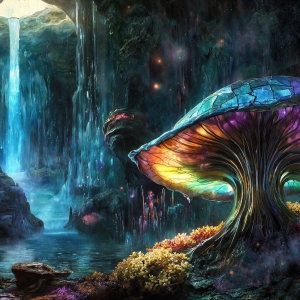A vibrant and detailed fantasy photograph of an alien planet. Where every element appears meticulously crafted from iridescent stained glass. From a cave system, dominated by towering crystals, giant bioluminescent mushrooms, in all shapes and sizes, that glow in vibrant iridescent colors. A stream of iridescent blue water, flows down the center of the cave from a waterfall, off in the distance. The alien flora, vibrantly colored, attracting alien insects, like nothing you've ever seen. Glow worms hang down from the ceiling, emitting the entire spectrum of the rainbow in colors, they seem to dance and blend as if they are connected. Outside the cave system, the sky shimmers with a breathtaking aurora borealis that fills the sky, creating a cosmic spectacle of galaxies, nebulae, and radiant starlight, in this nighttime landscape.