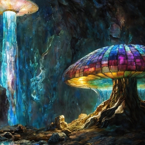 A vibrant and detailed fantasy photograph of an alien planet. Where every element appears meticulously crafted from iridescent stained glass. From a cave system, dominated by towering crystals, giant bioluminescent mushrooms, in all shapes and sizes, that glow in vibrant iridescent colors. A stream of iridescent blue water, flows down the center of the cave from a waterfall, off in the distance. The alien flora, vibrantly colored, attracting alien insects, like nothing you've ever seen. Glow worms hang down from the ceiling, emitting the entire spectrum of the rainbow in colors, they seem to dance and blend as if they are connected. Outside the cave system, the sky shimmers with a breathtaking aurora borealis that fills the sky, creating a cosmic spectacle of galaxies, nebulae, and radiant starlight, in this nighttime landscape.