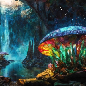 A vibrant and detailed fantasy photograph of an alien planet. Where every element appears meticulously crafted from iridescent stained glass. From a cave system, dominated by towering crystals, giant bioluminescent mushrooms, in all shapes and sizes, that glow in vibrant iridescent colors. A stream of iridescent blue water, flows down the center of the cave from a waterfall, off in the distance. The alien flora, vibrantly colored, attracting alien insects, like nothing you've ever seen. Glow worms hang down from the ceiling, emitting the entire spectrum of the rainbow in colors, they seem to dance and blend as if they are connected. Outside the cave system, the sky shimmers with a breathtaking aurora borealis that fills the sky, creating a cosmic spectacle of galaxies, nebulae, and radiant starlight, in this nighttime landscape.