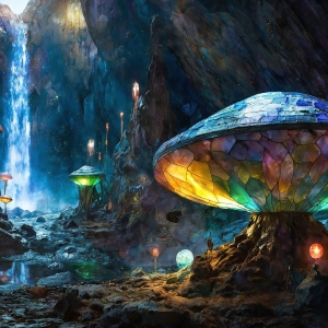 A vibrant and detailed fantasy photograph of an alien planet. Where every element appears meticulously crafted from iridescent stained glass. From a cave system, dominated by towering crystals, giant bioluminescent mushrooms, in all shapes and sizes, that glow in vibrant iridescent colors. A stream of iridescent blue water, flows down the center of the cave from a waterfall, off in the distance. The alien flora, vibrantly colored, attracting alien insects, like nothing you've ever seen. Glow worms hang down from the ceiling, emitting the entire spectrum of the rainbow in colors, they seem to dance and blend as if they are connected. Outside the cave system, the sky shimmers with a breathtaking aurora borealis that fills the sky, creating a cosmic spectacle of galaxies, nebulae, and radiant starlight, in this nighttime landscape.