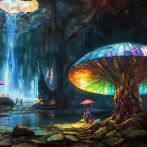 A vibrant and detailed fantasy photograph of an alien planet. Where every element appears meticulously crafted from iridescent stained glass. From a cave system, dominated by towering crystals, giant bioluminescent mushrooms, in all shapes and sizes, that glow in vibrant iridescent colors. A stream of iridescent blue water, flows down the center of the cave from a waterfall, off in the distance. The alien flora, vibrantly colored, attracting alien insects, like nothing you've ever seen. Glow worms hang down from the ceiling, emitting the entire spectrum of the rainbow in colors, they seem to dance and blend as if they are connected. Outside the cave system, the sky shimmers with a breathtaking aurora borealis that fills the sky, creating a cosmic spectacle of galaxies, nebulae, and radiant starlight, in this nighttime landscape.