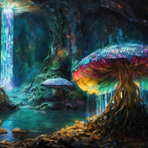 A vibrant and detailed fantasy photograph of an alien planet. Where every element appears meticulously crafted from iridescent stained glass. From a cave system, dominated by towering crystals, giant bioluminescent mushrooms, in all shapes and sizes, that glow in vibrant iridescent colors. A stream of iridescent blue water, flows down the center of the cave from a waterfall, off in the distance. The alien flora, vibrantly colored, attracting alien insects, like nothing you've ever seen. Glow worms hang down from the ceiling, emitting the entire spectrum of the rainbow in colors, they seem to dance and blend as if they are connected. Outside the cave system, the sky shimmers with a breathtaking aurora borealis that fills the sky, creating a cosmic spectacle of galaxies, nebulae, and radiant starlight, in this nighttime landscape.