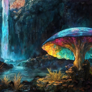 A vibrant and detailed fantasy photograph of an alien planet. Where every element appears meticulously crafted from iridescent stained glass. From a cave system, dominated by towering crystals, giant bioluminescent mushrooms, in all shapes and sizes, that glow in vibrant iridescent colors. A stream of iridescent blue water, flows down the center of the cave from a waterfall, off in the distance. The alien flora, vibrantly colored, attracting alien insects, like nothing you've ever seen. Glow worms hang down from the ceiling, emitting the entire spectrum of the rainbow in colors, they seem to dance and blend as if they are connected. Outside the cave system, the sky shimmers with a breathtaking aurora borealis that fills the sky, creating a cosmic spectacle of galaxies, nebulae, and radiant starlight, in this nighttime landscape.