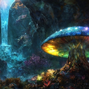 A vibrant and detailed fantasy photograph of an alien planet. Where every element appears meticulously crafted from iridescent stained glass. From a cave system, dominated by towering crystals, giant bioluminescent mushrooms, in all shapes and sizes, that glow in vibrant iridescent colors. A stream of iridescent blue water, flows down the center of the cave from a waterfall, off in the distance. The alien flora, vibrantly colored, attracting alien insects, like nothing you've ever seen. Glow worms hang down from the ceiling, emitting the entire spectrum of the rainbow in colors, they seem to dance and blend as if they are connected. Outside the cave system, the sky shimmers with a breathtaking aurora borealis that fills the sky, creating a cosmic spectacle of galaxies, nebulae, and radiant starlight, in this nighttime landscape.