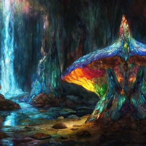 A vibrant and detailed fantasy photograph of an alien planet. Where every element appears meticulously crafted from iridescent stained glass. From a cave system, dominated by towering crystals, giant bioluminescent mushrooms, in all shapes and sizes, that glow in vibrant iridescent colors. A stream of iridescent blue water, flows down the center of the cave from a waterfall, off in the distance. The alien flora, vibrantly colored, attracting alien insects, like nothing you've ever seen. Glow worms hang down from the ceiling, emitting the entire spectrum of the rainbow in colors, they seem to dance and blend as if they are connected. Outside the cave system, the sky shimmers with a breathtaking aurora borealis that fills the sky, creating a cosmic spectacle of galaxies, nebulae, and radiant starlight, in this nighttime landscape.