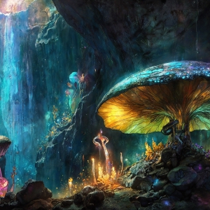 A vibrant and detailed fantasy photograph of an alien planet. Where every element appears meticulously crafted from iridescent stained glass. From a cave system, dominated by towering crystals, giant bioluminescent mushrooms, in all shapes and sizes, that glow in vibrant iridescent colors. A stream of iridescent blue water, flows down the center of the cave from a waterfall, off in the distance. The alien flora, vibrantly colored, attracting alien insects, like nothing you've ever seen. Glow worms hang down from the ceiling, emitting the entire spectrum of the rainbow in colors, they seem to dance and blend as if they are connected. Outside the cave system, the sky shimmers with a breathtaking aurora borealis that fills the sky, creating a cosmic spectacle of galaxies, nebulae, and radiant starlight, in this nighttime landscape.