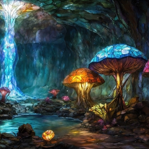 A vibrant and detailed fantasy photograph of an alien planet. Where every element appears meticulously crafted from iridescent stained glass. From a cave system, dominated by towering crystals, giant bioluminescent mushrooms, in all shapes and sizes, that glow in vibrant iridescent colors. A stream of iridescent blue water, flows down the center of the cave from a waterfall, off in the distance. The alien flora, vibrantly colored, attracting alien insects, like nothing you've ever seen. Glow worms hang down from the ceiling, emitting the entire spectrum of the rainbow in colors, they seem to dance and blend as if they are connected. Outside the cave system, the sky shimmers with a breathtaking aurora borealis that fills the sky, creating a cosmic spectacle of galaxies, nebulae, and radiant starlight, in this nighttime landscape.