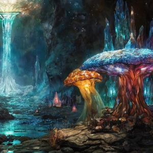 A vibrant and detailed fantasy photograph of an alien planet. Where every element appears meticulously crafted from iridescent stained glass. From a cave system, dominated by towering crystals, giant bioluminescent mushrooms, in all shapes and sizes, that glow in vibrant iridescent colors. A stream of iridescent blue water, flows down the center of the cave from a waterfall, off in the distance. The alien flora, vibrantly colored, attracting alien insects, like nothing you've ever seen. Glow worms hang down from the ceiling, emitting the entire spectrum of the rainbow in colors, they seem to dance and blend as if they are connected. Outside the cave system, the sky shimmers with a breathtaking aurora borealis that fills the sky, creating a cosmic spectacle of galaxies, nebulae, and radiant starlight, in this nighttime landscape.
