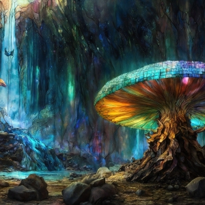 A vibrant and detailed fantasy photograph of an alien planet. Where every element appears meticulously crafted from iridescent stained glass. From a cave system, dominated by towering crystals, giant bioluminescent mushrooms, in all shapes and sizes, that glow in vibrant iridescent colors. A stream of iridescent blue water, flows down the center of the cave from a waterfall, off in the distance. The alien flora, vibrantly colored, attracting alien insects, like nothing you've ever seen. Glow worms hang down from the ceiling, emitting the entire spectrum of the rainbow in colors, they seem to dance and blend as if they are connected. Outside the cave system, the sky shimmers with a breathtaking aurora borealis that fills the sky, creating a cosmic spectacle of galaxies, nebulae, and radiant starlight, in this nighttime landscape.