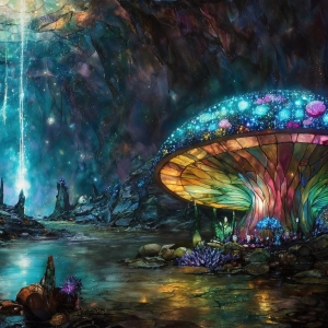A vibrant and detailed fantasy photograph of an alien planet. Where every element appears meticulously crafted from iridescent stained glass. From a cave system, dominated by towering crystals, giant bioluminescent mushrooms, in all shapes and sizes, that glow in vibrant iridescent colors. A stream of iridescent blue water, flows down the center of the cave from a waterfall, off in the distance. The alien flora, vibrantly colored, attracting alien insects, like nothing you've ever seen. Glow worms hang down from the ceiling, emitting the entire spectrum of the rainbow in colors, they seem to dance and blend as if they are connected. Outside the cave system, the sky shimmers with a breathtaking aurora borealis that fills the sky, creating a cosmic spectacle of galaxies, nebulae, and radiant starlight, in this nighttime landscape.