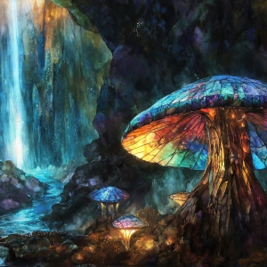 A vibrant and detailed fantasy photograph of an alien planet. Where every element appears meticulously crafted from iridescent stained glass. From a cave system, dominated by towering crystals, giant bioluminescent mushrooms, in all shapes and sizes, that glow in vibrant iridescent colors. A stream of iridescent blue water, flows down the center of the cave from a waterfall, off in the distance. The alien flora, vibrantly colored, attracting alien insects, like nothing you've ever seen. Glow worms hang down from the ceiling, emitting the entire spectrum of the rainbow in colors, they seem to dance and blend as if they are connected. Outside the cave system, the sky shimmers with a breathtaking aurora borealis that fills the sky, creating a cosmic spectacle of galaxies, nebulae, and radiant starlight, in this nighttime landscape.