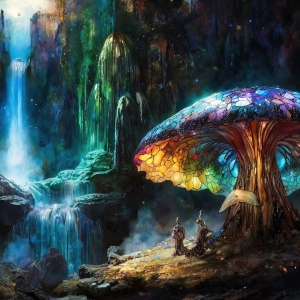 A vibrant and detailed fantasy photograph of an alien planet. Where every element appears meticulously crafted from iridescent stained glass. From a cave system, dominated by towering crystals, giant bioluminescent mushrooms, in all shapes and sizes, that glow in vibrant iridescent colors. A stream of iridescent blue water, flows down the center of the cave from a waterfall, off in the distance. The alien flora, vibrantly colored, attracting alien insects, like nothing you've ever seen. Glow worms hang down from the ceiling, emitting the entire spectrum of the rainbow in colors, they seem to dance and blend as if they are connected. Outside the cave system, the sky shimmers with a breathtaking aurora borealis that fills the sky, creating a cosmic spectacle of galaxies, nebulae, and radiant starlight, in this nighttime landscape.