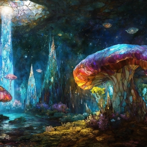 A vibrant and detailed fantasy photograph of an alien planet. Where every element appears meticulously crafted from iridescent stained glass. From a cave system, dominated by towering crystals, giant bioluminescent mushrooms, in all shapes and sizes, that glow in vibrant iridescent colors. A stream of iridescent blue water, flows down the center of the cave from a waterfall, off in the distance. The alien flora, vibrantly colored, attracting alien insects, like nothing you've ever seen. Glow worms hang down from the ceiling, emitting the entire spectrum of the rainbow in colors, they seem to dance and blend as if they are connected. Outside the cave system, the sky shimmers with a breathtaking aurora borealis that fills the sky, creating a cosmic spectacle of galaxies, nebulae, and radiant starlight, in this nighttime landscape.