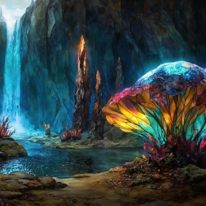 A vibrant and detailed fantasy photograph of an alien planet. Where every element appears meticulously crafted from iridescent stained glass. From a cave system, dominated by towering crystals, giant bioluminescent mushrooms, in all shapes and sizes, that glow in vibrant iridescent colors. A stream of iridescent blue water, flows down the center of the cave from a waterfall, off in the distance. The alien flora, vibrantly colored, attracting alien insects, like nothing you've ever seen. Glow worms hang down from the ceiling, emitting the entire spectrum of the rainbow in colors, they seem to dance and blend as if they are connected. Outside the cave system, the sky shimmers with a breathtaking aurora borealis that fills the sky, creating a cosmic spectacle of galaxies, nebulae, and radiant starlight, in this nighttime landscape.