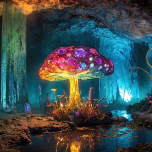 A vibrant and detailed fantasy photograph of an alien planet. Where every element appears meticulously crafted from iridescent stained glass. From a cave system, dominated by towering crystals, giant bioluminescent mushrooms, in all shapes and sizes, that glow in vibrant iridescent colors. A stream of iridescent blue water, flows down the center of the cave from a waterfall, off in the distance. The alien flora, vibrantly colored, attracting alien insects, like nothing you've ever seen. Glow worms hang down from the ceiling, emitting the entire spectrum of the rainbow in colors, they seem to dance and blend as if they are connected. Outside the cave system, the sky shimmers with a breathtaking aurora borealis that fills the sky, creating a cosmic spectacle of galaxies, nebulae, and radiant starlight, in this nighttime landscape.
