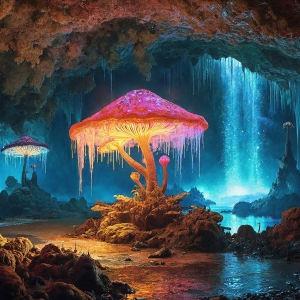 A vibrant and detailed fantasy photograph of an alien planet. Where every element appears meticulously crafted from iridescent stained glass. From a cave system, dominated by towering crystals, giant bioluminescent mushrooms, in all shapes and sizes, that glow in vibrant iridescent colors. A stream of iridescent blue water, flows down the center of the cave from a waterfall, off in the distance. The alien flora, vibrantly colored, attracting alien insects, like nothing you've ever seen. Glow worms hang down from the ceiling, emitting the entire spectrum of the rainbow in colors, they seem to dance and blend as if they are connected. Outside the cave system, the sky shimmers with a breathtaking aurora borealis that fills the sky, creating a cosmic spectacle of galaxies, nebulae, and radiant starlight, in this nighttime landscape.