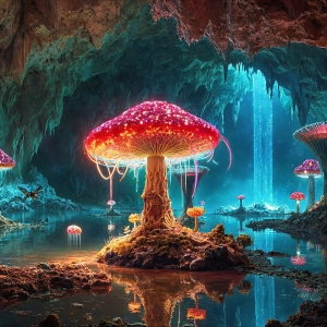 A vibrant and detailed fantasy photograph of an alien planet. Where every element appears meticulously crafted from iridescent stained glass. From a cave system, dominated by towering crystals, giant bioluminescent mushrooms, in all shapes and sizes, that glow in vibrant iridescent colors. A stream of iridescent blue water, flows down the center of the cave from a waterfall, off in the distance. The alien flora, vibrantly colored, attracting alien insects, like nothing you've ever seen. Glow worms hang down from the ceiling, emitting the entire spectrum of the rainbow in colors, they seem to dance and blend as if they are connected. Outside the cave system, the sky shimmers with a breathtaking aurora borealis that fills the sky, creating a cosmic spectacle of galaxies, nebulae, and radiant starlight, in this nighttime landscape.