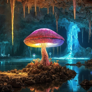 A vibrant and detailed fantasy photograph of an alien planet. Where every element appears meticulously crafted from iridescent stained glass. From a cave system, dominated by towering crystals, giant bioluminescent mushrooms, in all shapes and sizes, that glow in vibrant iridescent colors. A stream of iridescent blue water, flows down the center of the cave from a waterfall, off in the distance. The alien flora, vibrantly colored, attracting alien insects, like nothing you've ever seen. Glow worms hang down from the ceiling, emitting the entire spectrum of the rainbow in colors, they seem to dance and blend as if they are connected. Outside the cave system, the sky shimmers with a breathtaking aurora borealis that fills the sky, creating a cosmic spectacle of galaxies, nebulae, and radiant starlight, in this nighttime landscape.