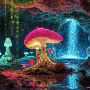 A vibrant and detailed fantasy photograph of an alien planet. Where every element appears meticulously crafted from iridescent stained glass. From a cave system, dominated by towering crystals, giant bioluminescent mushrooms, in all shapes and sizes, that glow in vibrant iridescent colors. A stream of iridescent blue water, flows down the center of the cave from a waterfall, off in the distance. The alien flora, vibrantly colored, attracting alien insects, like nothing you've ever seen. Glow worms hang down from the ceiling, emitting the entire spectrum of the rainbow in colors, they seem to dance and blend as if they are connected. Outside the cave system, the sky shimmers with a breathtaking aurora borealis that fills the sky, creating a cosmic spectacle of galaxies, nebulae, and radiant starlight, in this nighttime landscape.