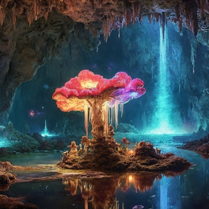 A vibrant and detailed fantasy photograph of an alien planet. Where every element appears meticulously crafted from iridescent stained glass. From a cave system, dominated by towering crystals, giant bioluminescent mushrooms, in all shapes and sizes, that glow in vibrant iridescent colors. A stream of iridescent blue water, flows down the center of the cave from a waterfall, off in the distance. The alien flora, vibrantly colored, attracting alien insects, like nothing you've ever seen. Glow worms hang down from the ceiling, emitting the entire spectrum of the rainbow in colors, they seem to dance and blend as if they are connected. Outside the cave system, the sky shimmers with a breathtaking aurora borealis that fills the sky, creating a cosmic spectacle of galaxies, nebulae, and radiant starlight, in this nighttime landscape.