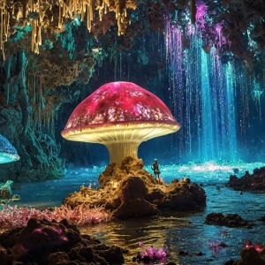 A vibrant and detailed fantasy photograph of an alien planet. Where every element appears meticulously crafted from iridescent stained glass. From a cave system, dominated by towering crystals, giant bioluminescent mushrooms, in all shapes and sizes, that glow in vibrant iridescent colors. A stream of iridescent blue water, flows down the center of the cave from a waterfall, off in the distance. The alien flora, vibrantly colored, attracting alien insects, like nothing you've ever seen. Glow worms hang down from the ceiling, emitting the entire spectrum of the rainbow in colors, they seem to dance and blend as if they are connected. Outside the cave system, the sky shimmers with a breathtaking aurora borealis that fills the sky, creating a cosmic spectacle of galaxies, nebulae, and radiant starlight, in this nighttime landscape.