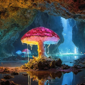 A vibrant and detailed fantasy photograph of an alien planet. Where every element appears meticulously crafted from iridescent stained glass. From a cave system, dominated by towering crystals, giant bioluminescent mushrooms, in all shapes and sizes, that glow in vibrant iridescent colors. A stream of iridescent blue water, flows down the center of the cave from a waterfall, off in the distance. The alien flora, vibrantly colored, attracting alien insects, like nothing you've ever seen. Glow worms hang down from the ceiling, emitting the entire spectrum of the rainbow in colors, they seem to dance and blend as if they are connected. Outside the cave system, the sky shimmers with a breathtaking aurora borealis that fills the sky, creating a cosmic spectacle of galaxies, nebulae, and radiant starlight, in this nighttime landscape.