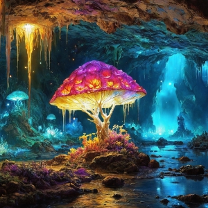 A vibrant and detailed fantasy photograph of an alien planet. Where every element appears meticulously crafted from iridescent stained glass. From a cave system, dominated by towering crystals, giant bioluminescent mushrooms, in all shapes and sizes, that glow in vibrant iridescent colors. A stream of iridescent blue water, flows down the center of the cave from a waterfall, off in the distance. The alien flora, vibrantly colored, attracting alien insects, like nothing you've ever seen. Glow worms hang down from the ceiling, emitting the entire spectrum of the rainbow in colors, they seem to dance and blend as if they are connected. Outside the cave system, the sky shimmers with a breathtaking aurora borealis that fills the sky, creating a cosmic spectacle of galaxies, nebulae, and radiant starlight, in this nighttime landscape.
