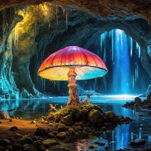 A vibrant and detailed fantasy photograph of an alien planet. Where every element appears meticulously crafted from iridescent stained glass. From a cave system, dominated by towering crystals, giant bioluminescent mushrooms, in all shapes and sizes, that glow in vibrant iridescent colors. A stream of iridescent blue water, flows down the center of the cave from a waterfall, off in the distance. The alien flora, vibrantly colored, attracting alien insects, like nothing you've ever seen. Glow worms hang down from the ceiling, emitting the entire spectrum of the rainbow in colors, they seem to dance and blend as if they are connected. Outside the cave system, the sky shimmers with a breathtaking aurora borealis that fills the sky, creating a cosmic spectacle of galaxies, nebulae, and radiant starlight, in this nighttime landscape.