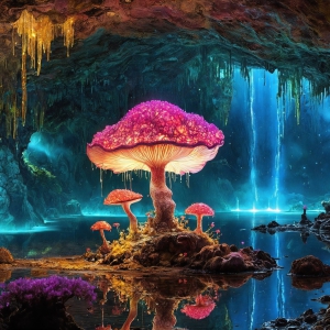 A vibrant and detailed fantasy photograph of an alien planet. Where every element appears meticulously crafted from iridescent stained glass. From a cave system, dominated by towering crystals, giant bioluminescent mushrooms, in all shapes and sizes, that glow in vibrant iridescent colors. A stream of iridescent blue water, flows down the center of the cave from a waterfall, off in the distance. The alien flora, vibrantly colored, attracting alien insects, like nothing you've ever seen. Glow worms hang down from the ceiling, emitting the entire spectrum of the rainbow in colors, they seem to dance and blend as if they are connected. Outside the cave system, the sky shimmers with a breathtaking aurora borealis that fills the sky, creating a cosmic spectacle of galaxies, nebulae, and radiant starlight, in this nighttime landscape.