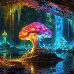 A vibrant and detailed fantasy photograph of an alien planet. Where every element appears meticulously crafted from iridescent stained glass. From a cave system, dominated by towering crystals, giant bioluminescent mushrooms, in all shapes and sizes, that glow in vibrant iridescent colors. A stream of iridescent blue water, flows down the center of the cave from a waterfall, off in the distance. The alien flora, vibrantly colored, attracting alien insects, like nothing you've ever seen. Glow worms hang down from the ceiling, emitting the entire spectrum of the rainbow in colors, they seem to dance and blend as if they are connected. Outside the cave system, the sky shimmers with a breathtaking aurora borealis that fills the sky, creating a cosmic spectacle of galaxies, nebulae, and radiant starlight, in this nighttime landscape.