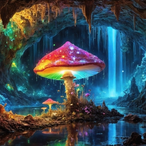 A vibrant and detailed fantasy photograph of an alien planet. Where every element appears meticulously crafted from iridescent stained glass. From a cave system, dominated by towering crystals, giant bioluminescent mushrooms, in all shapes and sizes, that glow in vibrant iridescent colors. A stream of iridescent blue water, flows down the center of the cave from a waterfall, off in the distance. The alien flora, vibrantly colored, attracting alien insects, like nothing you've ever seen. Glow worms hang down from the ceiling, emitting the entire spectrum of the rainbow in colors, they seem to dance and blend as if they are connected. Outside the cave system, the sky shimmers with a breathtaking aurora borealis that fills the sky, creating a cosmic spectacle of galaxies, nebulae, and radiant starlight, in this nighttime landscape.