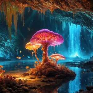 A vibrant and detailed fantasy photograph of an alien planet. Where every element appears meticulously crafted from iridescent stained glass. From a cave system, dominated by towering crystals, giant bioluminescent mushrooms, in all shapes and sizes, that glow in vibrant iridescent colors. A stream of iridescent blue water, flows down the center of the cave from a waterfall, off in the distance. The alien flora, vibrantly colored, attracting alien insects, like nothing you've ever seen. Glow worms hang down from the ceiling, emitting the entire spectrum of the rainbow in colors, they seem to dance and blend as if they are connected. Outside the cave system, the sky shimmers with a breathtaking aurora borealis that fills the sky, creating a cosmic spectacle of galaxies, nebulae, and radiant starlight, in this nighttime landscape.