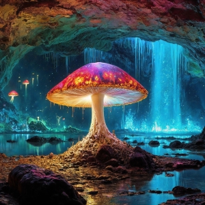A vibrant and detailed fantasy photograph of an alien planet. Where every element appears meticulously crafted from iridescent stained glass. From a cave system, dominated by towering crystals, giant bioluminescent mushrooms, in all shapes and sizes, that glow in vibrant iridescent colors. A stream of iridescent blue water, flows down the center of the cave from a waterfall, off in the distance. The alien flora, vibrantly colored, attracting alien insects, like nothing you've ever seen. Glow worms hang down from the ceiling, emitting the entire spectrum of the rainbow in colors, they seem to dance and blend as if they are connected. Outside the cave system, the sky shimmers with a breathtaking aurora borealis that fills the sky, creating a cosmic spectacle of galaxies, nebulae, and radiant starlight, in this nighttime landscape.