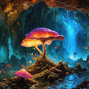 A vibrant and detailed fantasy photograph of an alien planet. Where every element appears meticulously crafted from iridescent stained glass. From a cave system, dominated by towering crystals, giant bioluminescent mushrooms, in all shapes and sizes, that glow in vibrant iridescent colors. A stream of iridescent blue water, flows down the center of the cave from a waterfall, off in the distance. The alien flora, vibrantly colored, attracting alien insects, like nothing you've ever seen. Glow worms hang down from the ceiling, emitting the entire spectrum of the rainbow in colors, they seem to dance and blend as if they are connected. Outside the cave system, the sky shimmers with a breathtaking aurora borealis that fills the sky, creating a cosmic spectacle of galaxies, nebulae, and radiant starlight, in this nighttime landscape.