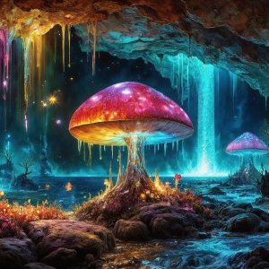 A vibrant and detailed fantasy photograph of an alien planet. Where every element appears meticulously crafted from iridescent stained glass. From a cave system, dominated by towering crystals, giant bioluminescent mushrooms, in all shapes and sizes, that glow in vibrant iridescent colors. A stream of iridescent blue water, flows down the center of the cave from a waterfall, off in the distance. The alien flora, vibrantly colored, attracting alien insects, like nothing you've ever seen. Glow worms hang down from the ceiling, emitting the entire spectrum of the rainbow in colors, they seem to dance and blend as if they are connected. Outside the cave system, the sky shimmers with a breathtaking aurora borealis that fills the sky, creating a cosmic spectacle of galaxies, nebulae, and radiant starlight, in this nighttime landscape.