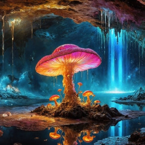 A vibrant and detailed fantasy photograph of an alien planet. Where every element appears meticulously crafted from iridescent stained glass. From a cave system, dominated by towering crystals, giant bioluminescent mushrooms, in all shapes and sizes, that glow in vibrant iridescent colors. A stream of iridescent blue water, flows down the center of the cave from a waterfall, off in the distance. The alien flora, vibrantly colored, attracting alien insects, like nothing you've ever seen. Glow worms hang down from the ceiling, emitting the entire spectrum of the rainbow in colors, they seem to dance and blend as if they are connected. Outside the cave system, the sky shimmers with a breathtaking aurora borealis that fills the sky, creating a cosmic spectacle of galaxies, nebulae, and radiant starlight, in this nighttime landscape.