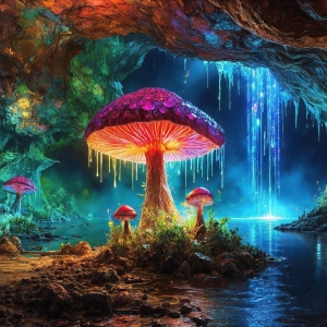 A vibrant and detailed fantasy photograph of an alien planet. Where every element appears meticulously crafted from iridescent stained glass. From a cave system, dominated by towering crystals, giant bioluminescent mushrooms, in all shapes and sizes, that glow in vibrant iridescent colors. A stream of iridescent blue water, flows down the center of the cave from a waterfall, off in the distance. The alien flora, vibrantly colored, attracting alien insects, like nothing you've ever seen. Glow worms hang down from the ceiling, emitting the entire spectrum of the rainbow in colors, they seem to dance and blend as if they are connected. Outside the cave system, the sky shimmers with a breathtaking aurora borealis that fills the sky, creating a cosmic spectacle of galaxies, nebulae, and radiant starlight, in this nighttime landscape.