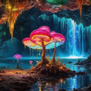 A vibrant and detailed fantasy photograph of an alien planet. Where every element appears meticulously crafted from iridescent stained glass. From a cave system, dominated by towering crystals, giant bioluminescent mushrooms, in all shapes and sizes, that glow in vibrant iridescent colors. A stream of iridescent blue water, flows down the center of the cave from a waterfall, off in the distance. The alien flora, vibrantly colored, attracting alien insects, like nothing you've ever seen. Glow worms hang down from the ceiling, emitting the entire spectrum of the rainbow in colors, they seem to dance and blend as if they are connected. Outside the cave system, the sky shimmers with a breathtaking aurora borealis that fills the sky, creating a cosmic spectacle of galaxies, nebulae, and radiant starlight, in this nighttime landscape.