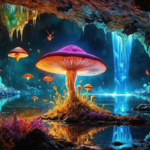 A vibrant and detailed fantasy photograph of an alien planet. Where every element appears meticulously crafted from iridescent stained glass. From a cave system, dominated by towering crystals, giant bioluminescent mushrooms, in all shapes and sizes, that glow in vibrant iridescent colors. A stream of iridescent blue water, flows down the center of the cave from a waterfall, off in the distance. The alien flora, vibrantly colored, attracting alien insects, like nothing you've ever seen. Glow worms hang down from the ceiling, emitting the entire spectrum of the rainbow in colors, they seem to dance and blend as if they are connected. Outside the cave system, the sky shimmers with a breathtaking aurora borealis that fills the sky, creating a cosmic spectacle of galaxies, nebulae, and radiant starlight, in this nighttime landscape.