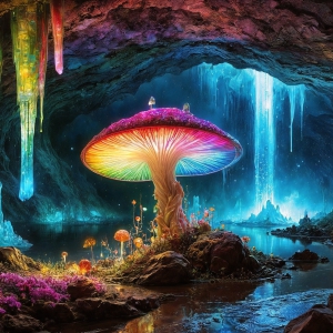 A vibrant and detailed fantasy photograph of an alien planet. Where every element appears meticulously crafted from iridescent stained glass. From a cave system, dominated by towering crystals, giant bioluminescent mushrooms, in all shapes and sizes, that glow in vibrant iridescent colors. A stream of iridescent blue water, flows down the center of the cave from a waterfall, off in the distance. The alien flora, vibrantly colored, attracting alien insects, like nothing you've ever seen. Glow worms hang down from the ceiling, emitting the entire spectrum of the rainbow in colors, they seem to dance and blend as if they are connected. Outside the cave system, the sky shimmers with a breathtaking aurora borealis that fills the sky, creating a cosmic spectacle of galaxies, nebulae, and radiant starlight, in this nighttime landscape.