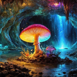 A vibrant and detailed fantasy photograph of an alien planet. Where every element appears meticulously crafted from iridescent stained glass. From a cave system, dominated by towering crystals, giant bioluminescent mushrooms, in all shapes and sizes, that glow in vibrant iridescent colors. A stream of iridescent blue water, flows down the center of the cave from a waterfall, off in the distance. The alien flora, vibrantly colored, attracting alien insects, like nothing you've ever seen. Glow worms hang down from the ceiling, emitting the entire spectrum of the rainbow in colors, they seem to dance and blend as if they are connected. Outside the cave system, the sky shimmers with a breathtaking aurora borealis that fills the sky, creating a cosmic spectacle of galaxies, nebulae, and radiant starlight, in this nighttime landscape.