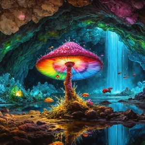 A vibrant and detailed fantasy photograph of an alien planet. Where every element appears meticulously crafted from iridescent stained glass. From a cave system, dominated by towering crystals, giant bioluminescent mushrooms, in all shapes and sizes, that glow in vibrant iridescent colors. A stream of iridescent blue water, flows down the center of the cave from a waterfall, off in the distance. The alien flora, vibrantly colored, attracting alien insects, like nothing you've ever seen. Glow worms hang down from the ceiling, emitting the entire spectrum of the rainbow in colors, they seem to dance and blend as if they are connected. Outside the cave system, the sky shimmers with a breathtaking aurora borealis that fills the sky, creating a cosmic spectacle of galaxies, nebulae, and radiant starlight, in this nighttime landscape.