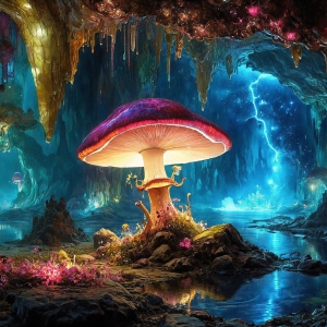 A vibrant and detailed fantasy photograph of an alien planet. Where every element appears meticulously crafted from iridescent stained glass. From a cave system, dominated by towering crystals, giant bioluminescent mushrooms, in all shapes and sizes, that glow in vibrant iridescent colors. A stream of iridescent blue water, flows down the center of the cave from a waterfall, off in the distance. The alien flora, vibrantly colored, attracting alien insects, like nothing you've ever seen. Glow worms hang down from the ceiling, emitting the entire spectrum of the rainbow in colors, they seem to dance and blend as if they are connected. Outside the cave system, the sky shimmers with a breathtaking aurora borealis that fills the sky, creating a cosmic spectacle of galaxies, nebulae, and radiant starlight, in this nighttime landscape.