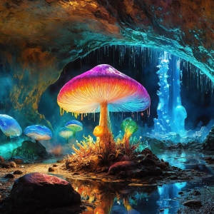 A vibrant and detailed fantasy photograph of an alien planet. Where every element appears meticulously crafted from iridescent stained glass. From a cave system, dominated by towering crystals, giant bioluminescent mushrooms, in all shapes and sizes, that glow in vibrant iridescent colors. A stream of iridescent blue water, flows down the center of the cave from a waterfall, off in the distance. The alien flora, vibrantly colored, attracting alien insects, like nothing you've ever seen. Glow worms hang down from the ceiling, emitting the entire spectrum of the rainbow in colors, they seem to dance and blend as if they are connected. Outside the cave system, the sky shimmers with a breathtaking aurora borealis that fills the sky, creating a cosmic spectacle of galaxies, nebulae, and radiant starlight, in this nighttime landscape.