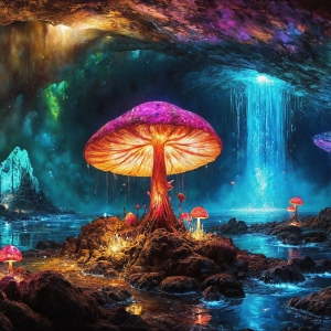 A vibrant and detailed fantasy photograph of an alien planet. Where every element appears meticulously crafted from iridescent stained glass. From a cave system, dominated by towering crystals, giant bioluminescent mushrooms, in all shapes and sizes, that glow in vibrant iridescent colors. A stream of iridescent blue water, flows down the center of the cave from a waterfall, off in the distance. The alien flora, vibrantly colored, attracting alien insects, like nothing you've ever seen. Glow worms hang down from the ceiling, emitting the entire spectrum of the rainbow in colors, they seem to dance and blend as if they are connected. Outside the cave system, the sky shimmers with a breathtaking aurora borealis that fills the sky, creating a cosmic spectacle of galaxies, nebulae, and radiant starlight, in this nighttime landscape.