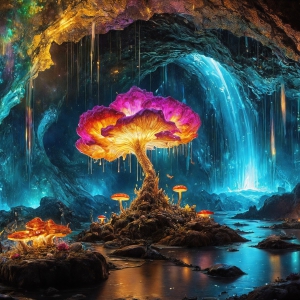 A vibrant and detailed fantasy photograph of an alien planet. Where every element appears meticulously crafted from iridescent stained glass. From a cave system, dominated by towering crystals, giant bioluminescent mushrooms, in all shapes and sizes, that glow in vibrant iridescent colors. A stream of iridescent blue water, flows down the center of the cave from a waterfall, off in the distance. The alien flora, vibrantly colored, attracting alien insects, like nothing you've ever seen. Glow worms hang down from the ceiling, emitting the entire spectrum of the rainbow in colors, they seem to dance and blend as if they are connected. Outside the cave system, the sky shimmers with a breathtaking aurora borealis that fills the sky, creating a cosmic spectacle of galaxies, nebulae, and radiant starlight, in this nighttime landscape.